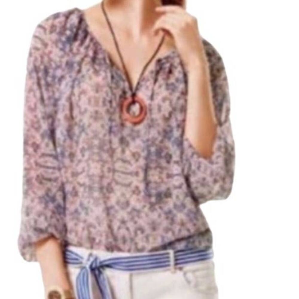 CAbi #5028 'Siena' Floral Chiffon Boho Blouse Small Long Sleeve Peasant Top